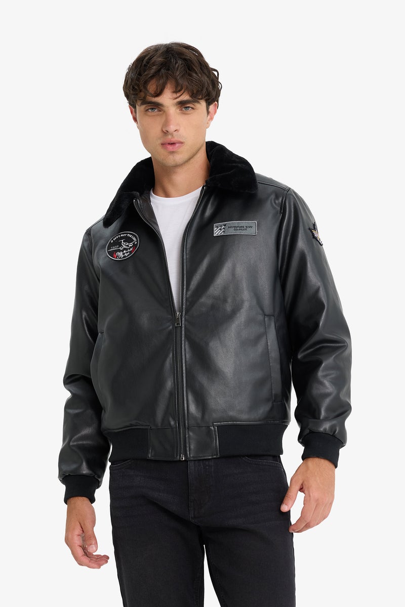 DeFacto Black Man Regular Fit Plush Collar Faux Leather Bomber Jacket Casual - Image 3